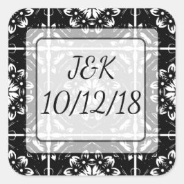 Cuadrada Pegatina de Mandala floral blanca y negra personal