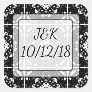 Cuadrada Pegatina de Mandala floral blanca y negra personal