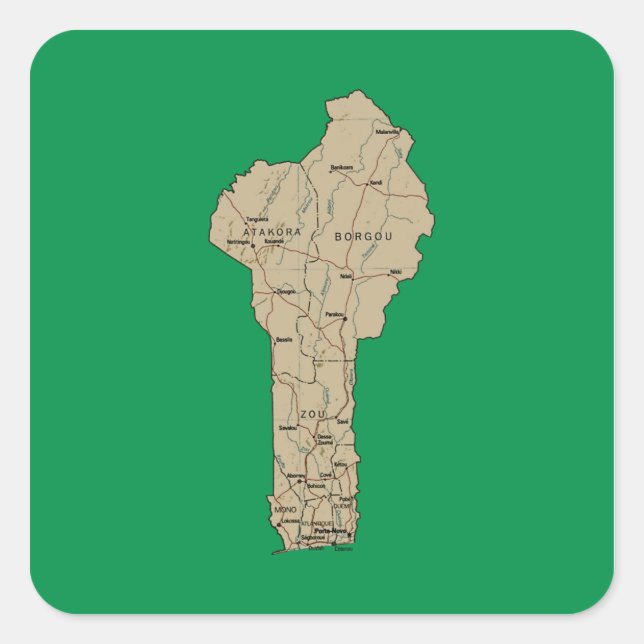 Cuadrada Pegatina de mapa de Benín (Anverso)