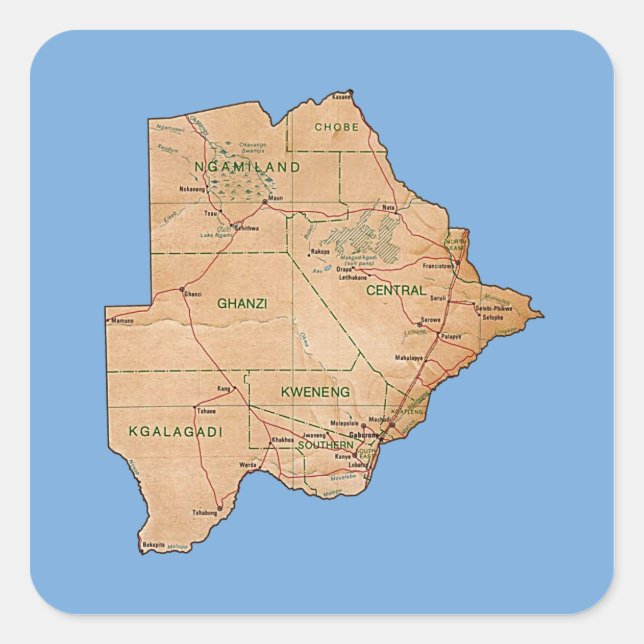 Cuadrada Pegatina de Mapa de Botswana (Anverso)