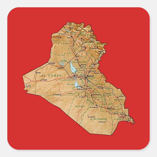 Cuadrada Pegatina de mapa de Irak (Anverso)