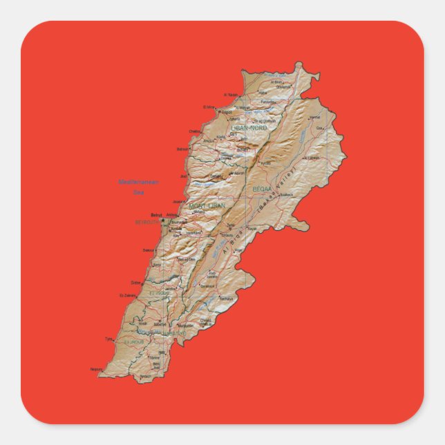 Cuadrada Pegatina de mapa de Líbano (Anverso)