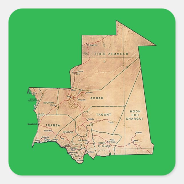 Cuadrada Pegatina de Mapa de Mauritania (Anverso)