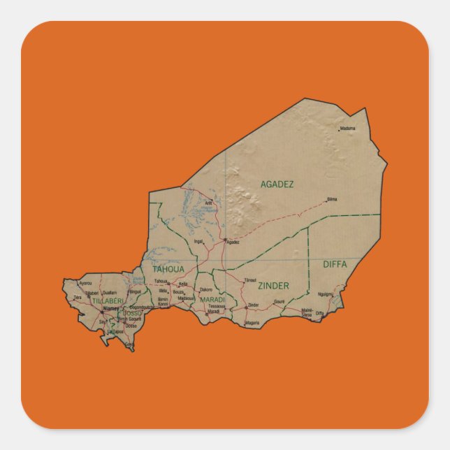 Cuadrada Pegatina de mapa de Níger (Anverso)
