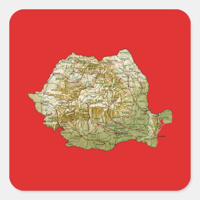 Cuadrada Pegatina de mapa de Rumania (Anverso)