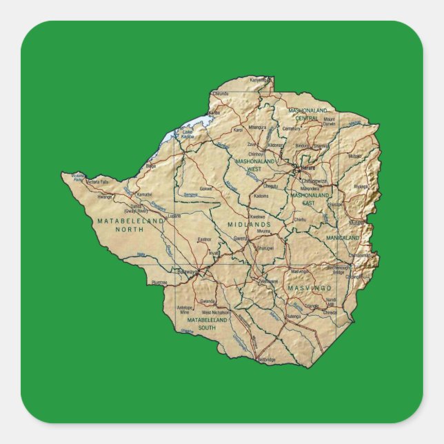 Cuadrada Pegatina de mapa de Zimbabue (Anverso)