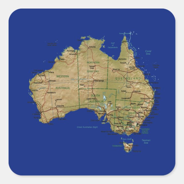 Cuadrada Pegatina de mapas de Australia (Anverso)