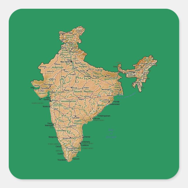 Cuadrada Pegatina de mapas de India (Anverso)