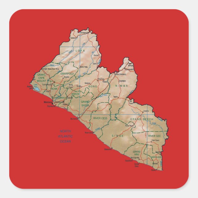 Cuadrada Pegatina de mapas de Liberia (Anverso)