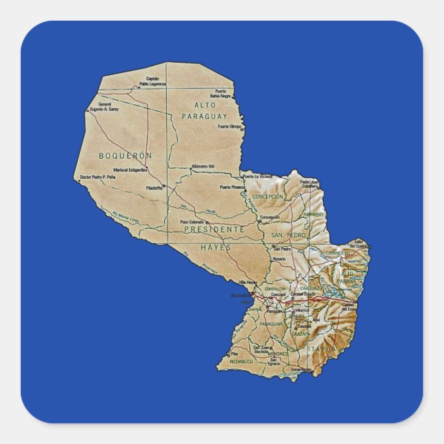 Cuadrada Pegatina de mapas de Paraguay (Anverso)