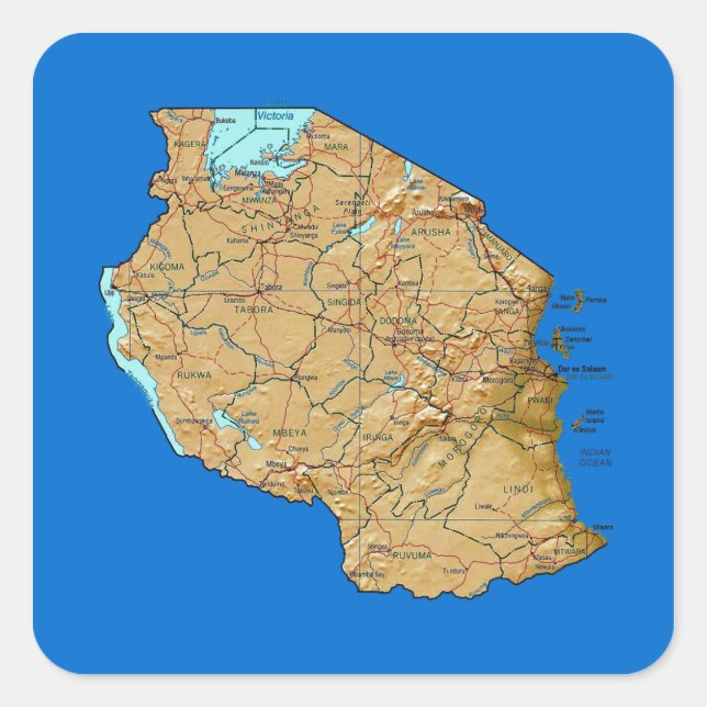Cuadrada Pegatina de mapas de Tanzania (Anverso)