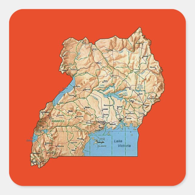 Cuadrada Pegatina de mapas de Uganda (Anverso)
