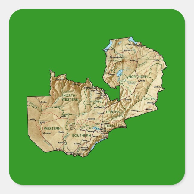 Cuadrada Pegatina de mapas de Zambia (Anverso)