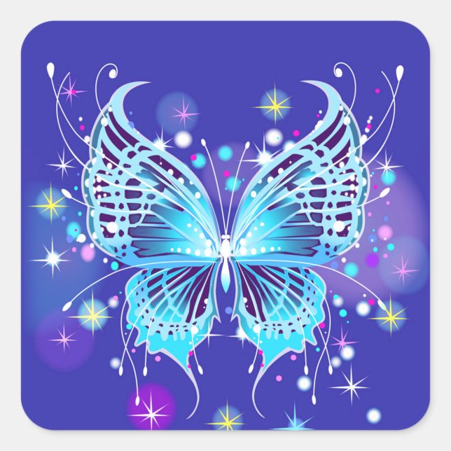 Cuadrada Pegatina de mariposa luminosa azul ("Send a little sparkle with every letter")