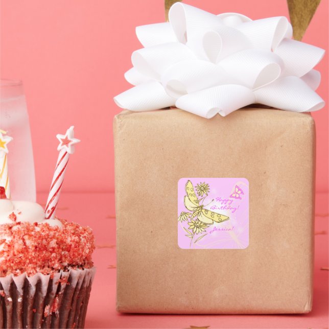 Cuadrada Pegatina de mariposa rosa (Fiesta)