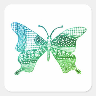 Cuadrada Pegatina de mariposas Green Cute Zen
