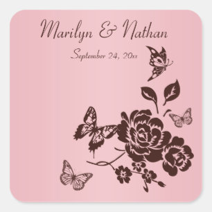 Cuadrada Pegatina de mariposas Rubor Pink and Brown Flowers