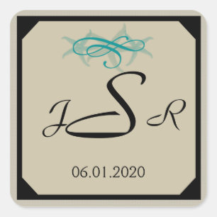 Cuadrada Pegatina de monograma costero Verde azulado