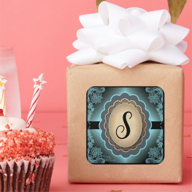 Cuadrada Pegatina de monograma de encaje turquesa antiguo (Fiesta)