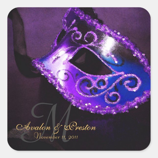 Cuadrada Pegatina de monograma elegante de mascarada morada (Anverso)