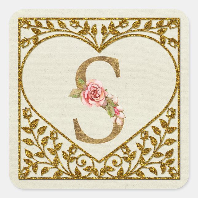 Cuadrada Pegatina de monograma floral personalizado (Anverso)