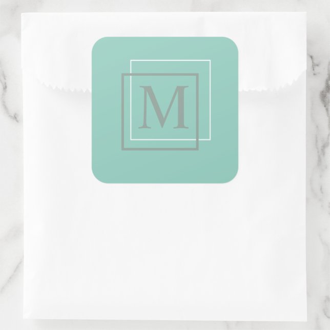 Cuadrada Pegatina de monograma moderna pastel turquesa y gr (Bolso)