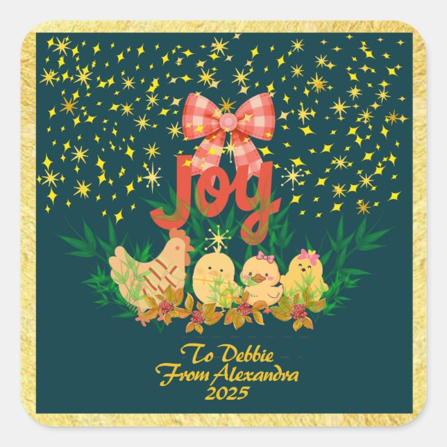 Cuadrada Pegatina de Navidad campestre con gallina (Anverso)