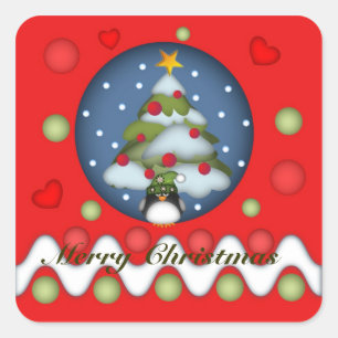 Cuadrada Pegatina de navidad con árbol, pingüino y texto