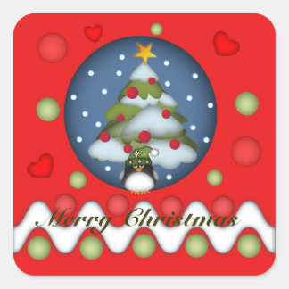 Cuadrada Pegatina de navidad con árbol, pingüino y texto