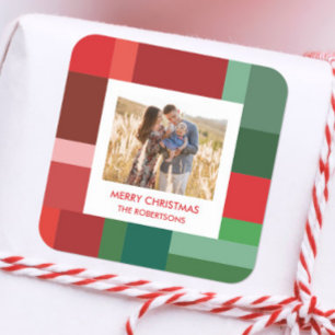 Cuadrada Pegatina de Navidad con Foto de Bloques de Color G
