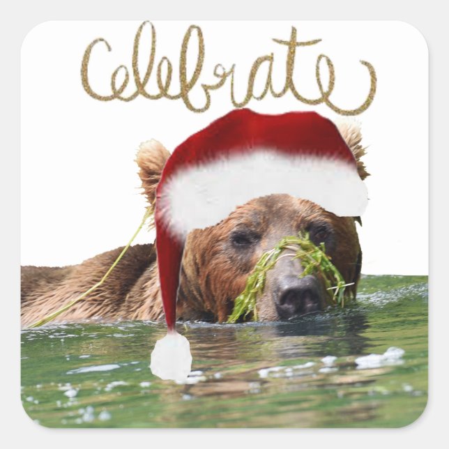 Cuadrada Pegatina de Navidad con oso pardo (Anverso)