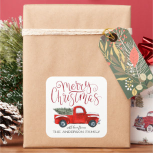 Cuadrada Pegatina de Navidad Coordinada - Camión Rojo Vinta
