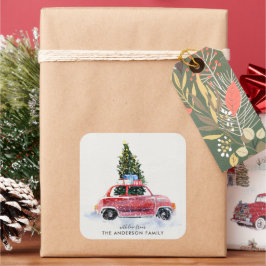 Cuadrada Pegatina de Navidad coordinada - Coche Rojo Vintag