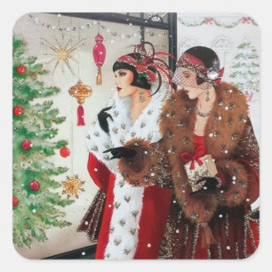 Cuadrada Pegatina de navidad de Art deco retro vintage seño