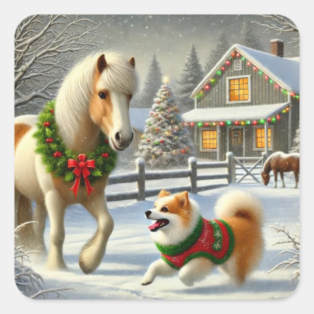 Cuadrada Pegatina de Navidad de Caballo y Perro Islandés (Anverso)