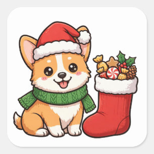 Cuadrada Pegatina de Navidad de cachorro Corgi Santa