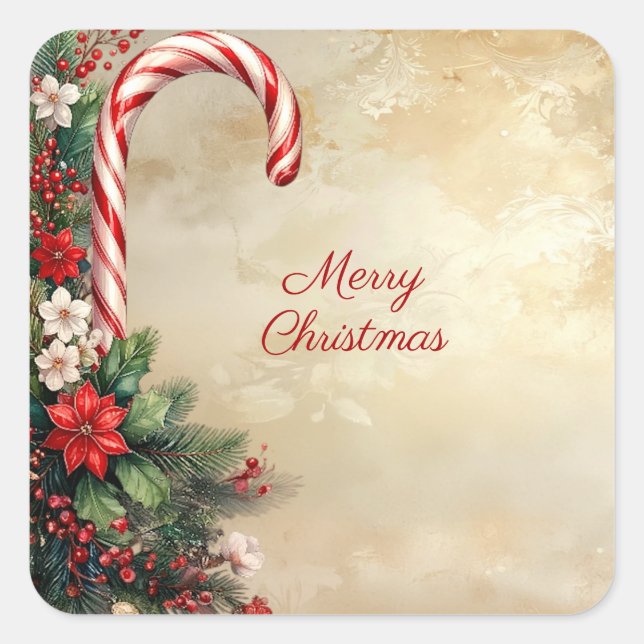 Cuadrada Pegatina de Navidad de Candy Cane (Anverso)