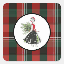 Cuadrada Pegatina de Navidad de cuadros escoceses