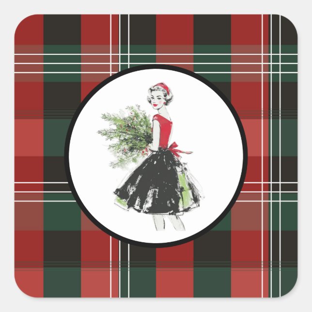 Cuadrada Pegatina de Navidad de cuadros escoceses (Anverso)