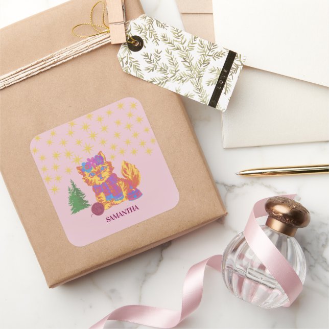 Cuadrada Pegatina de Navidad de gato retro lindo (Regalar)