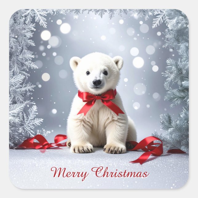 Cuadrada Pegatina de Navidad de Oso Polar (Anverso)
