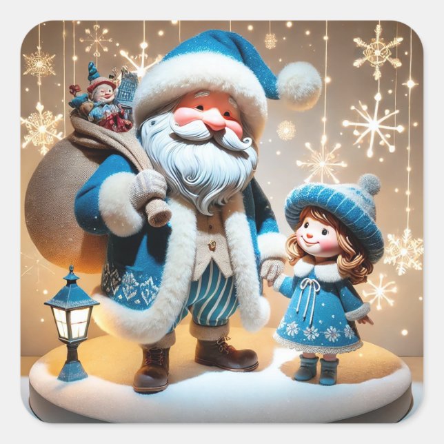 Cuadrada Pegatina de Navidad de Papá Noel y niño (Anverso)