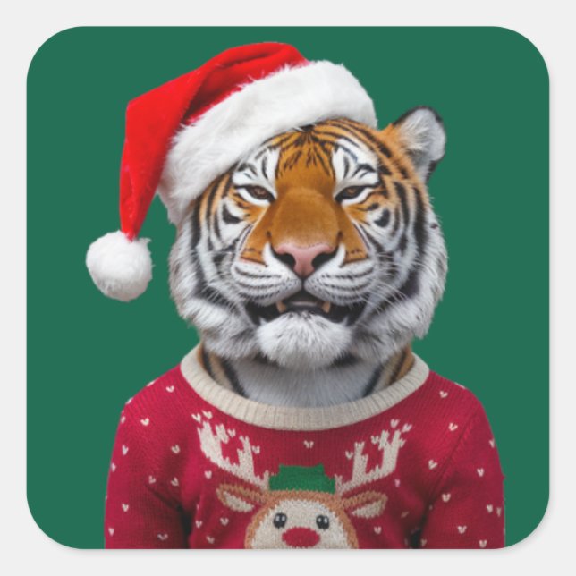 Cuadrada Pegatina de Navidad de Tigre (Anverso)