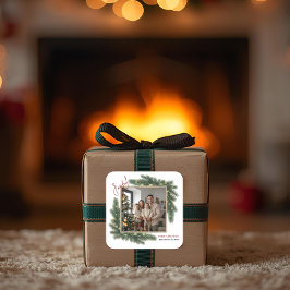 Cuadrada Pegatina de Navidad Personalizada con Foto Familia