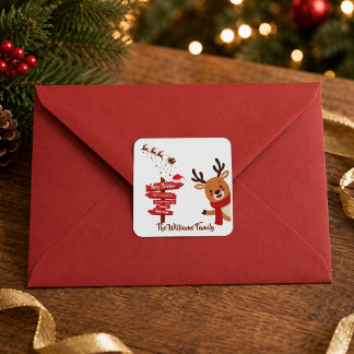 Cuadrada Pegatina de Navidad personalizada con reno navideñ