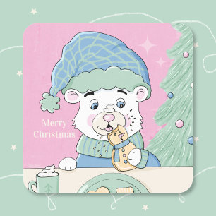 Cuadrada Pegatina de Navidad rosa de Cub de oso polar