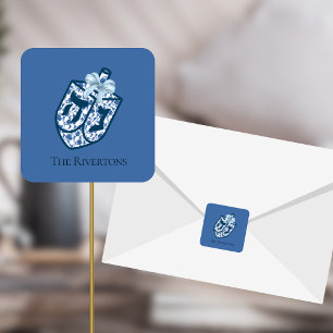 Cuadrada Pegatina de nombre de chinoisería de dreidel azul