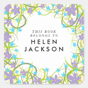 Cuadrada Pegatina de nombre de libro floral azul pálido y l