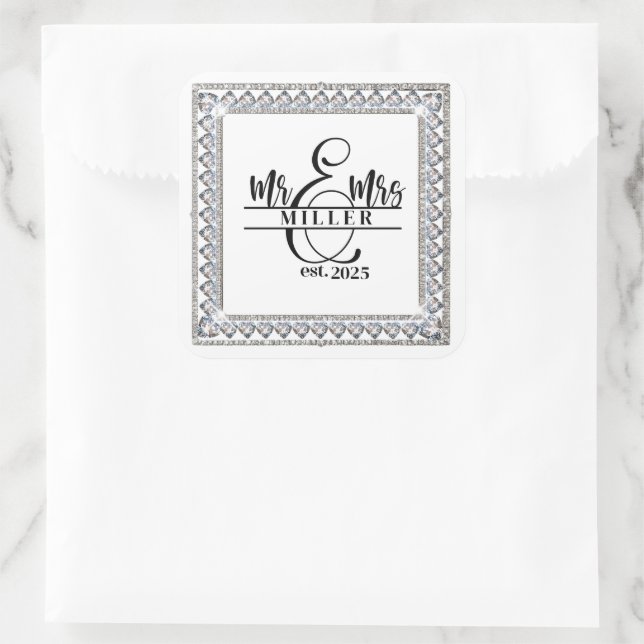 Cuadrada Pegatina de nombre personalizado Sr. y Sra. (Bolso)