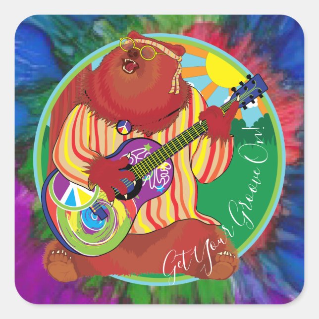 Cuadrada Pegatina de oso de canto feliz de camper (Anverso)